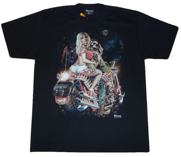 Keiti T-Shirt Motorrad Shirt schwarz mit Motiv Hot Girl leuchtend Gr. M - 3XL